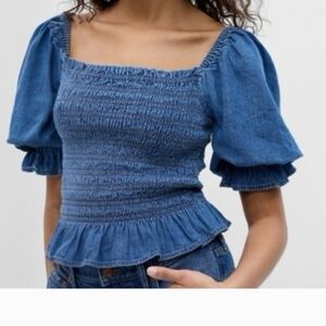 GAP Denim-Look Puff Sleeve Smocked Square Neck Peplum Top Blue